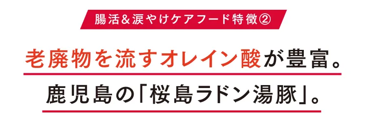 腸活&涙やけケアフード特徴② ⽼廃物を流すオレイン酸が豊富。⿅児島の「桜島ラドン湯豚」。